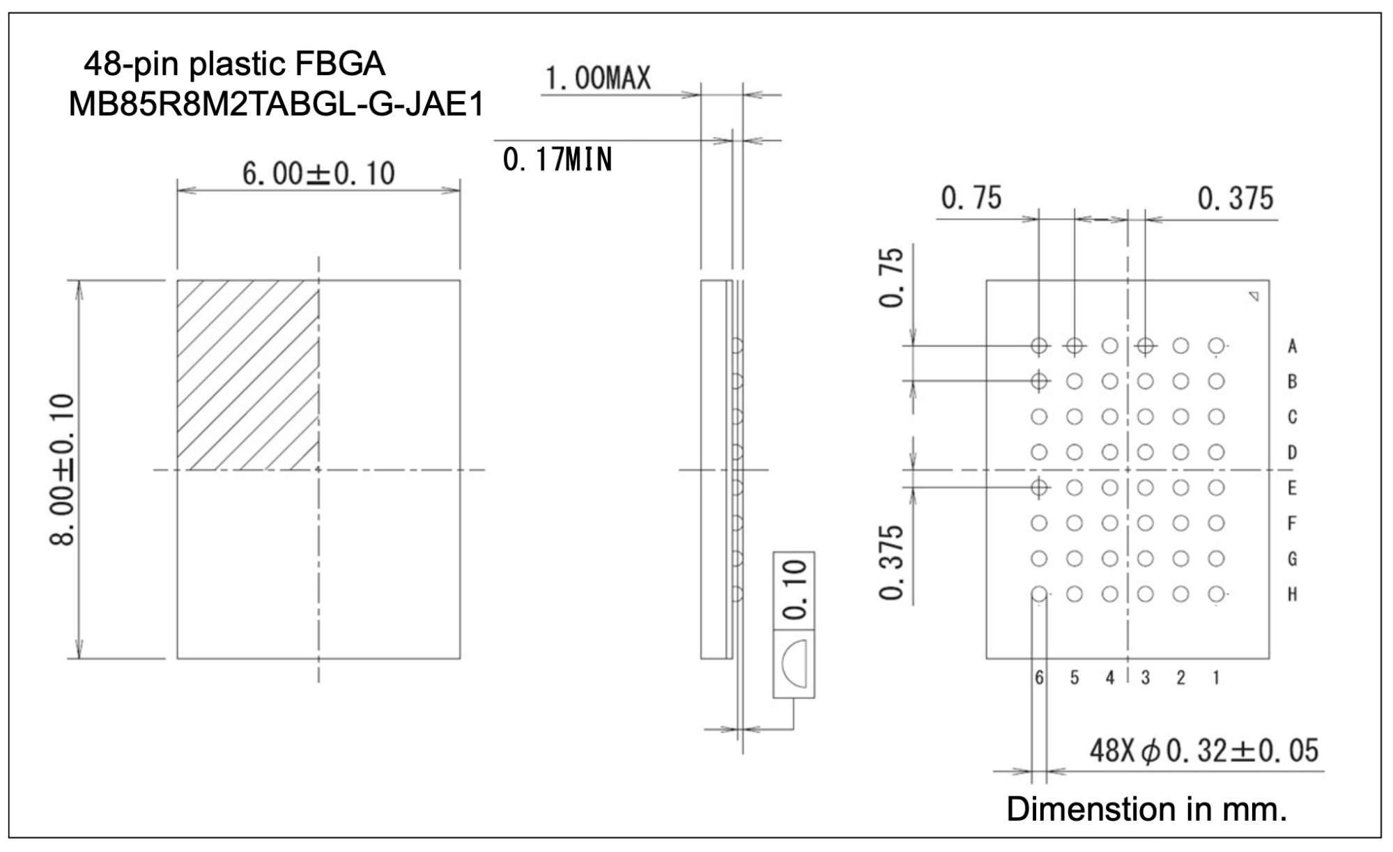 [Diagram 2: Comparison of TSOP and BGA Packages] Quoted from MB85R8M2TA datasheet
Right: BGA-48 pin, ball pitch 0.75mm / width 8.00mm x length 6.00mm / height 1.00mm or less / solder ball